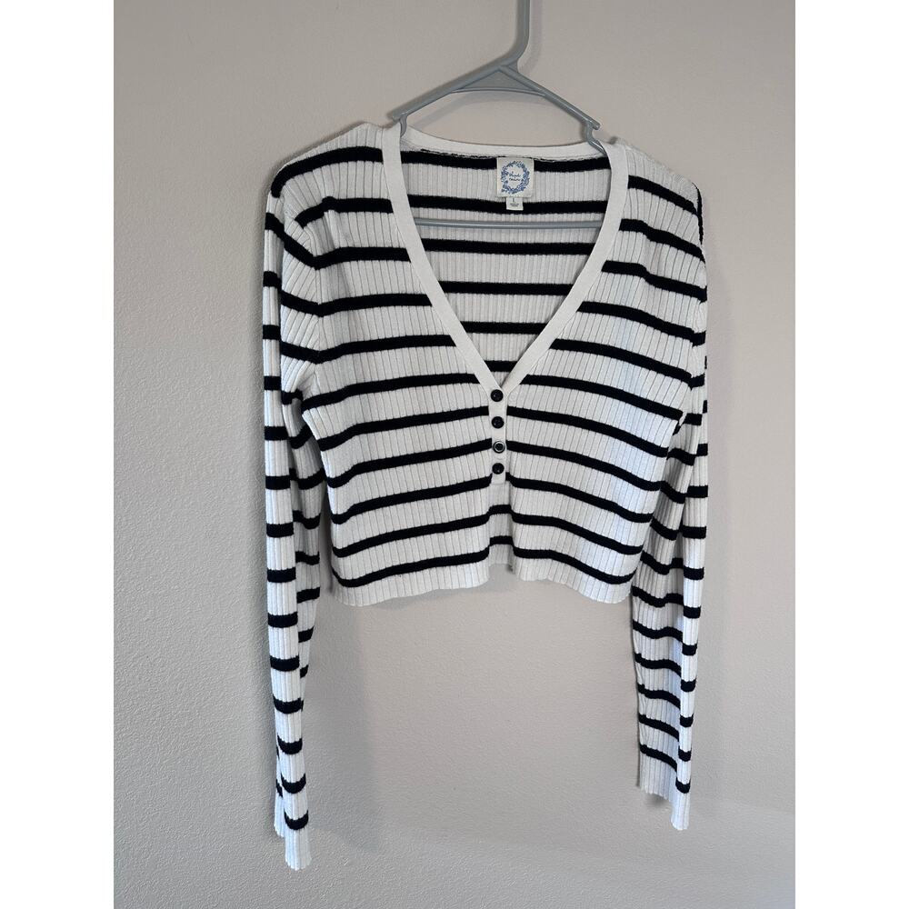 Blue Rain Cropped Button up black and white striped long sleeve size L